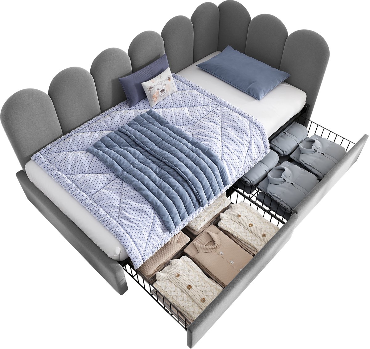 Merax Slaapbank 90x200 cm - Fluweel - Bed met Opbergruimte - 2 Lades - Houten Lattenbodem - Grijs