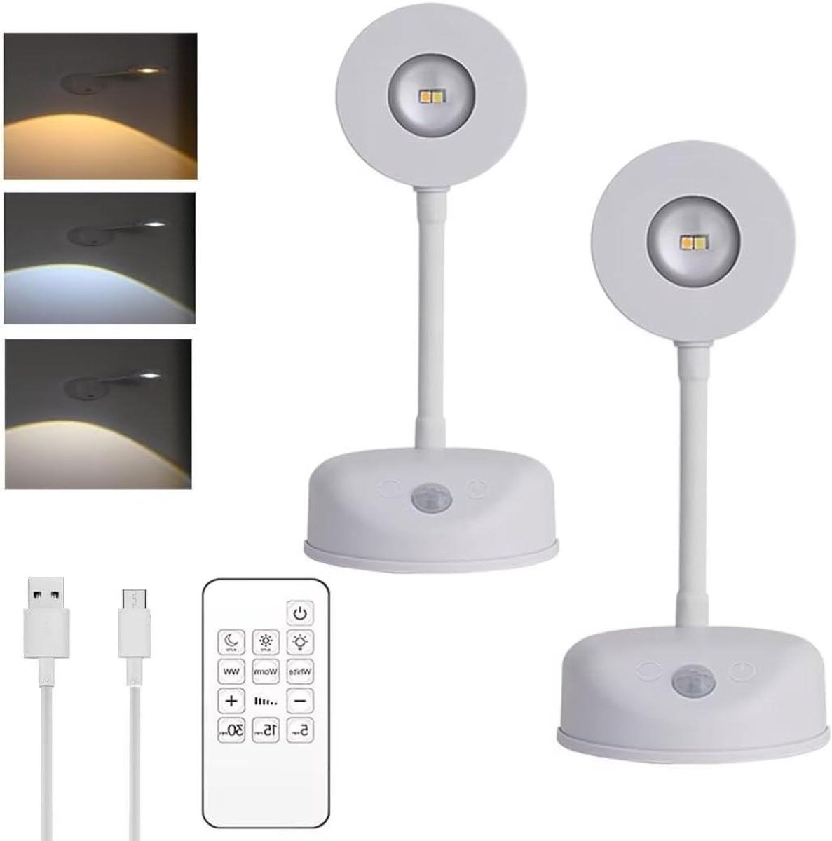 Led Wandlamp - Oplaadbare Leeslamp - Kunst Verlichten - 360 Graden Draaibaar - 4 Helderheidsniveaus - Wit
