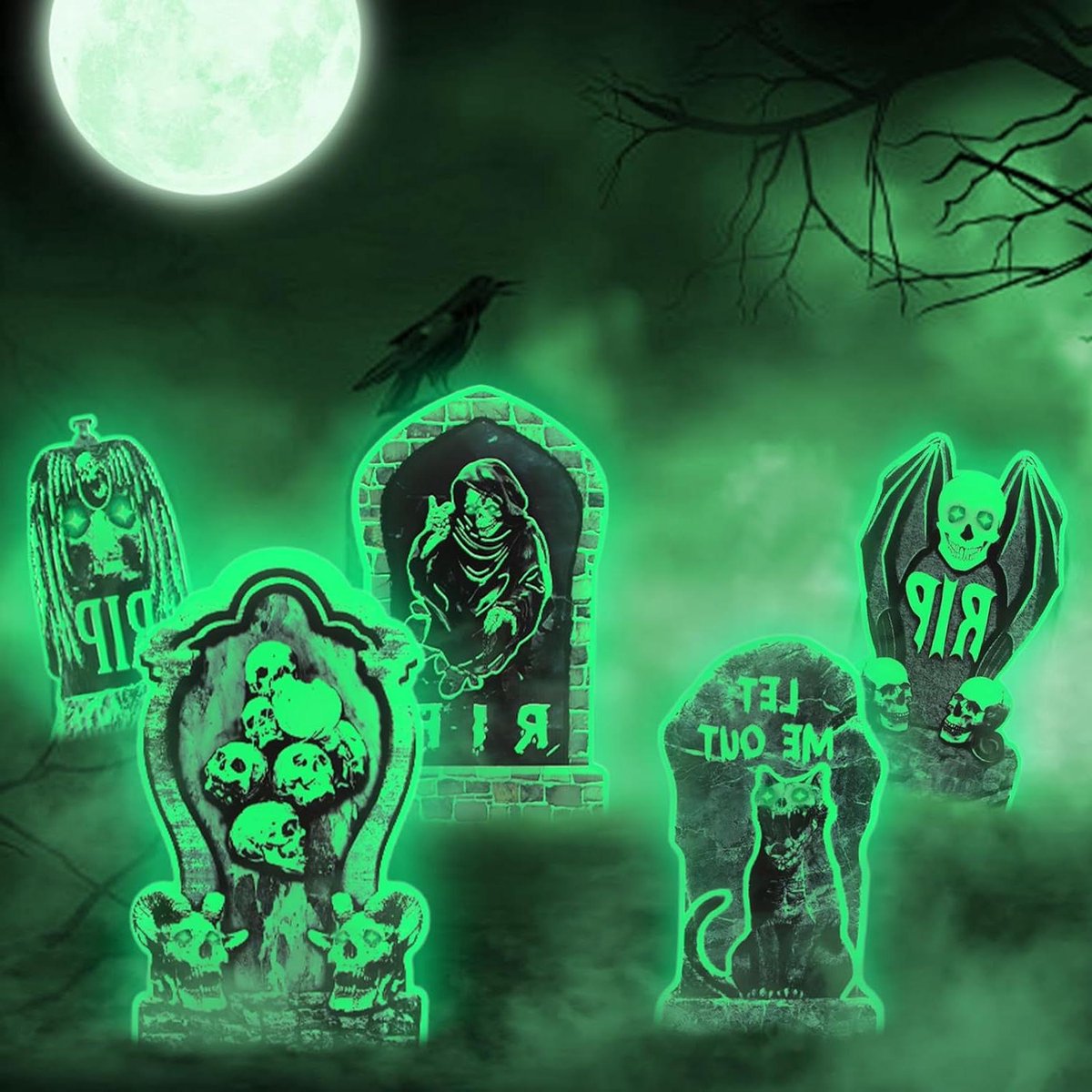 Halloween Grafstenen - Tuin Decoratie - Griezelige Sfeer Creëren - Lichtgevend Effect - 38 x 22 cm - Groen