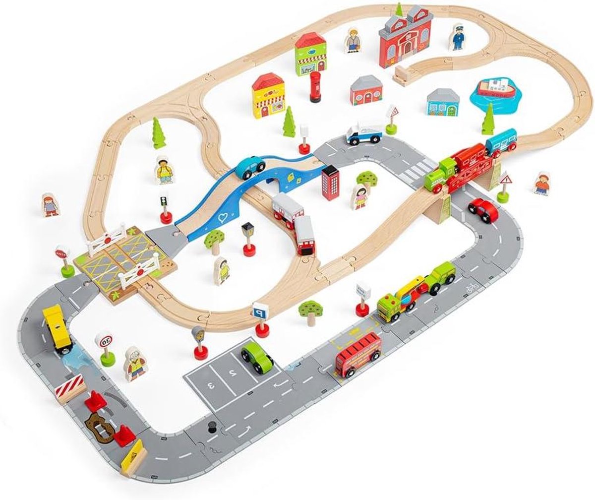 Houten Treinset - Stad en Spoor - Steden Bouwen - Veelzijdige Elementen - 210x85 cm - Meerkleurig