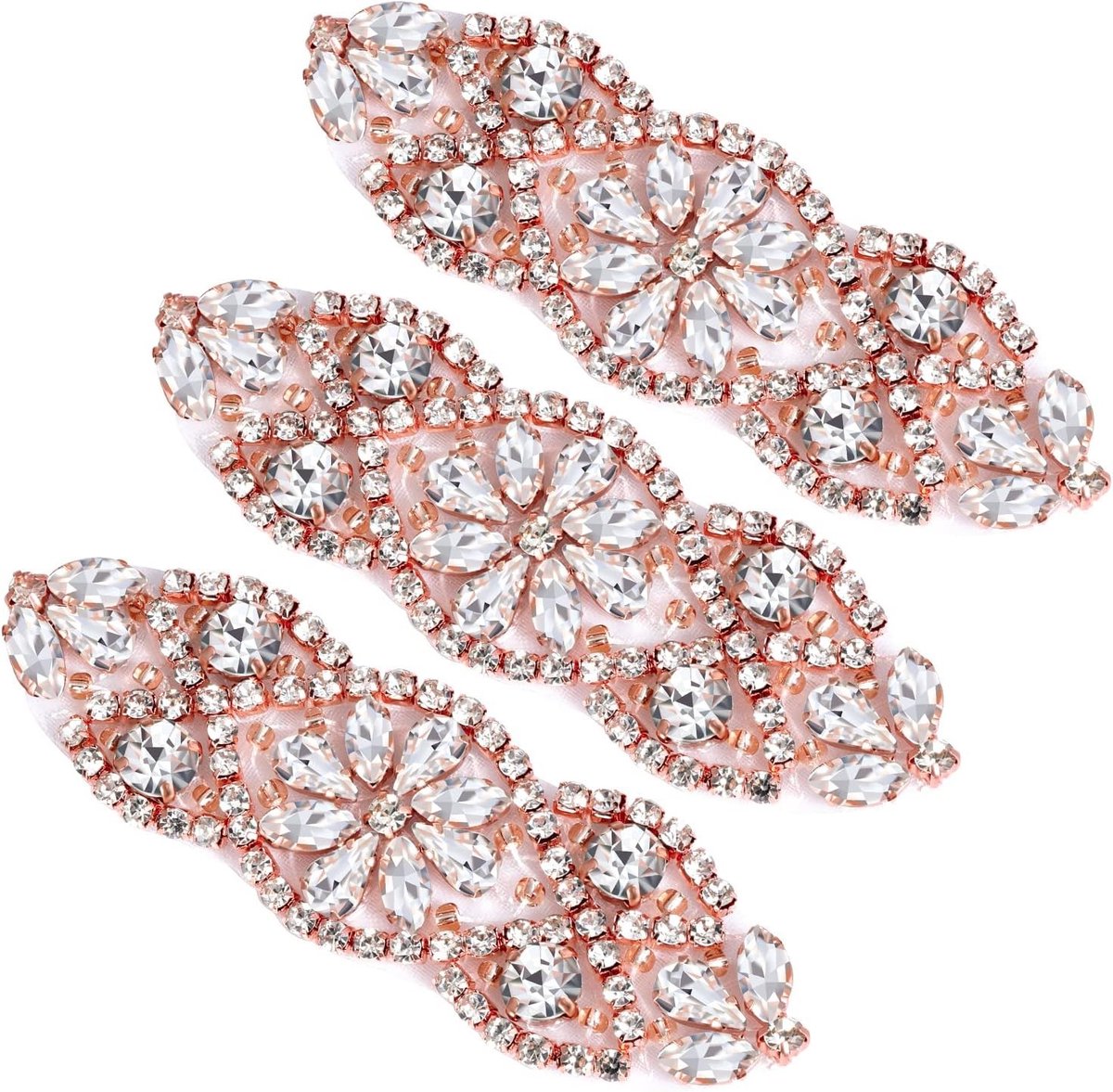 3 Stuks Strass Applicaties, 9.5x3cm Patches met Bling, Kristallen Applicaties voor Bruidskleding en Accessoires (Roségoud)