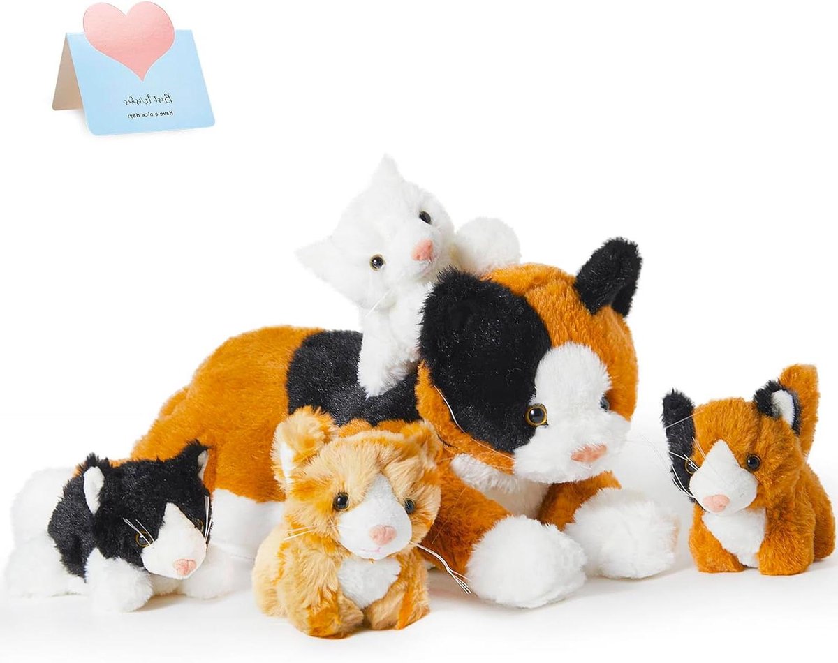 Pluche Kattenset - Knuffel Kat met Kittens - Spelen en Knuffelen - Moederkat met 4 Baby's - 43 cm Moederkat