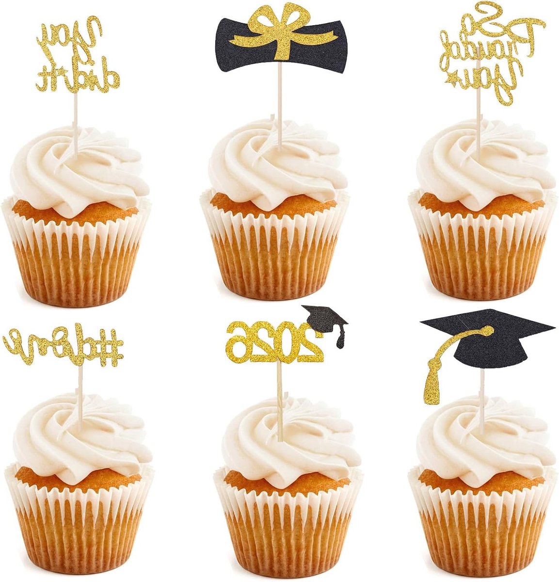 Elegante Zwarte en Gouden Cupcake Toppers voor Afstudeerfeesten - 24 Stuks voor Decoratie van Prom Party en Examens