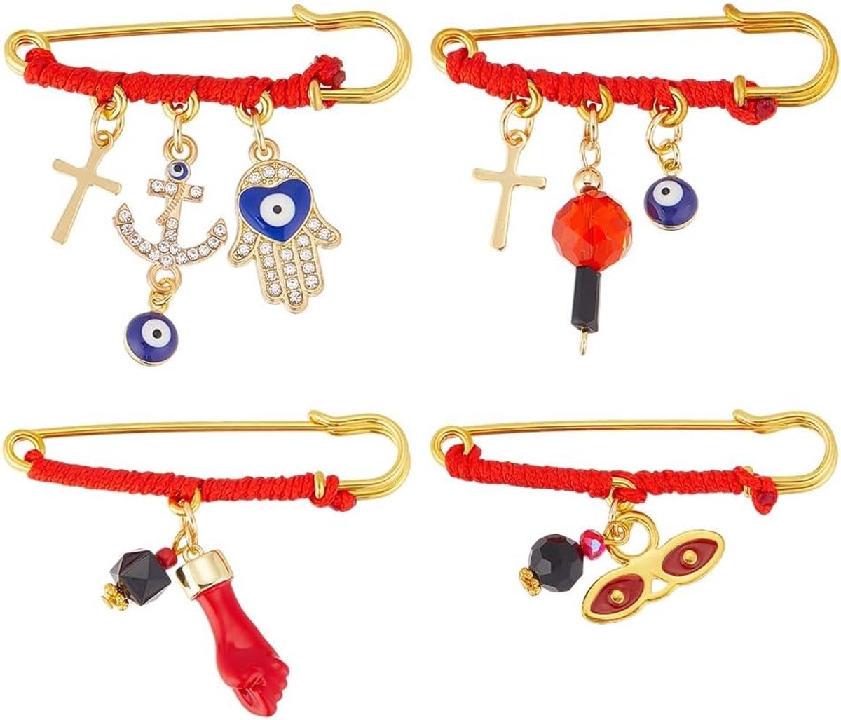 4 Stijlen Boze Oog Broches met Rode Draad en Strass, Beschermende Pins voor Vrouwen, Handtassen en Sjaals Decoratie