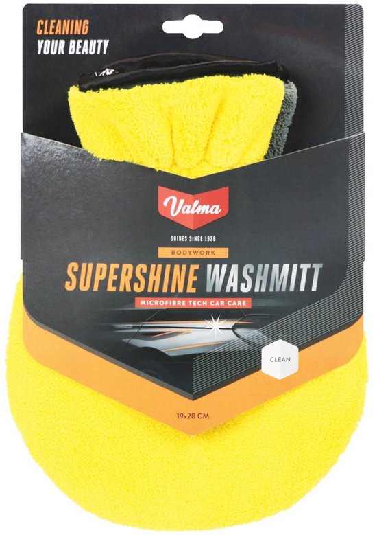 Emballage avec un gant de lavage en microfibre jaune, texte "Valma" et "SUPERSSHINE WASHMITT".