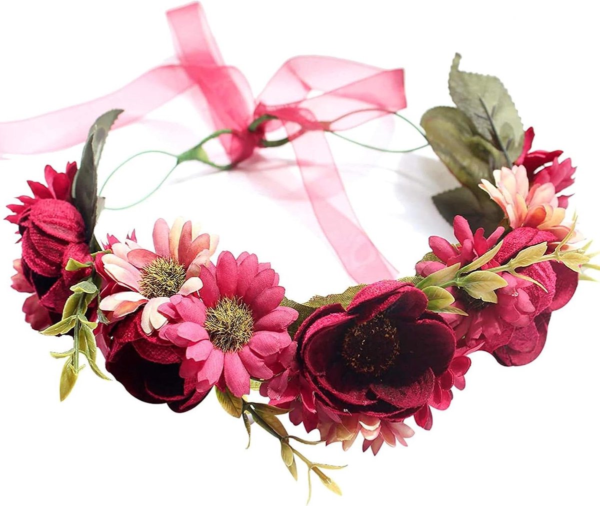 Bloemenkrans Hoofdband - Bloemen Kroon - Feestelijke Gelegenheden - Handgemaakte Details - Verstelbaar - Wijnrood