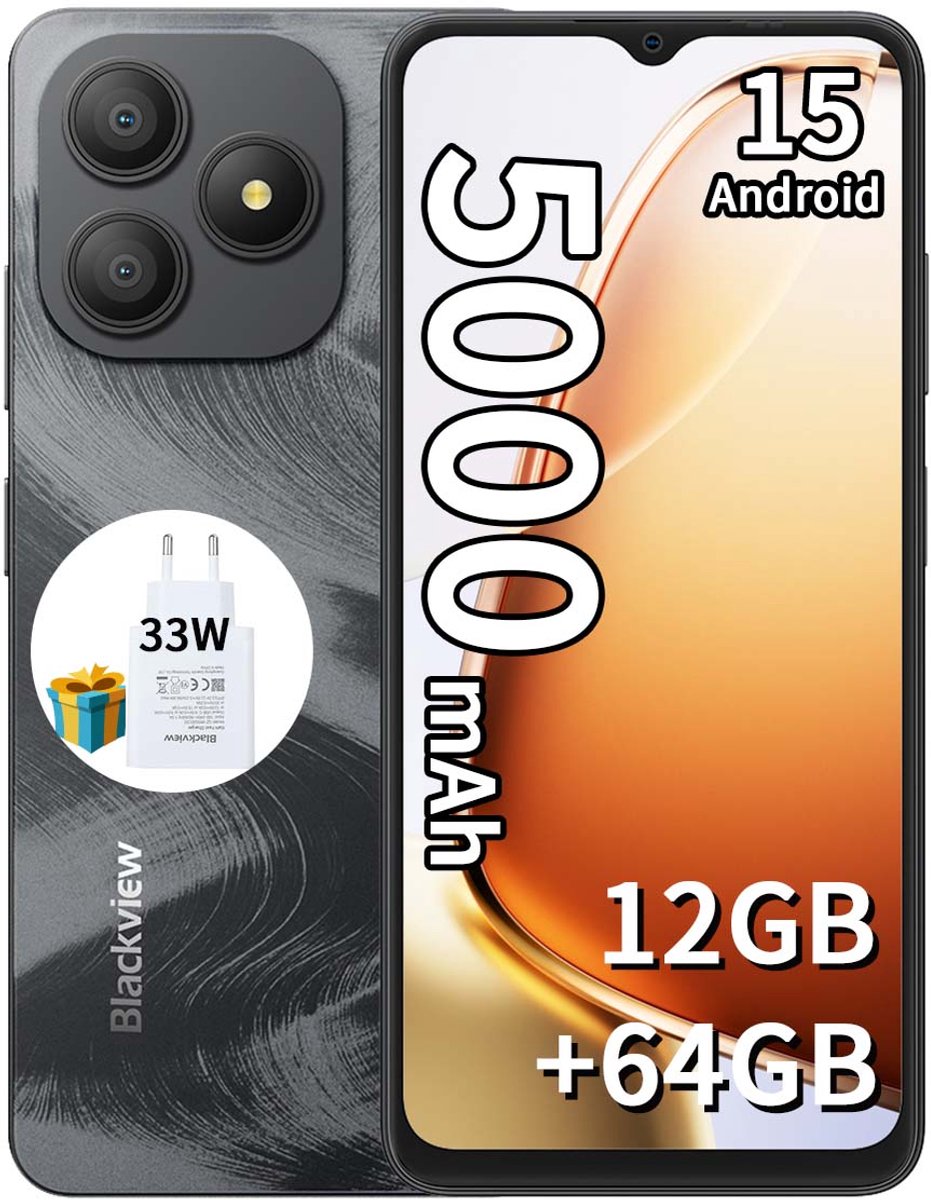 Blackview WAVE 9C Smartphone 4G - 12GB RAM - 64GB ROM - 6,56 inch - Android 15 - 5000 mAh met 33W-adapter - Dual SIM - GPS - OTG - Zwart