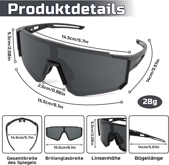 Unisex sportzonnebril, gepolariseerde zonnebril, fietsbril, hardloopbril, Geschikt voor mountainbiken, wielrennen, skiën en hardlopen, met UV400-bescherming (zwart montuur, grijze lens). van Unisex. — afbeelding 2