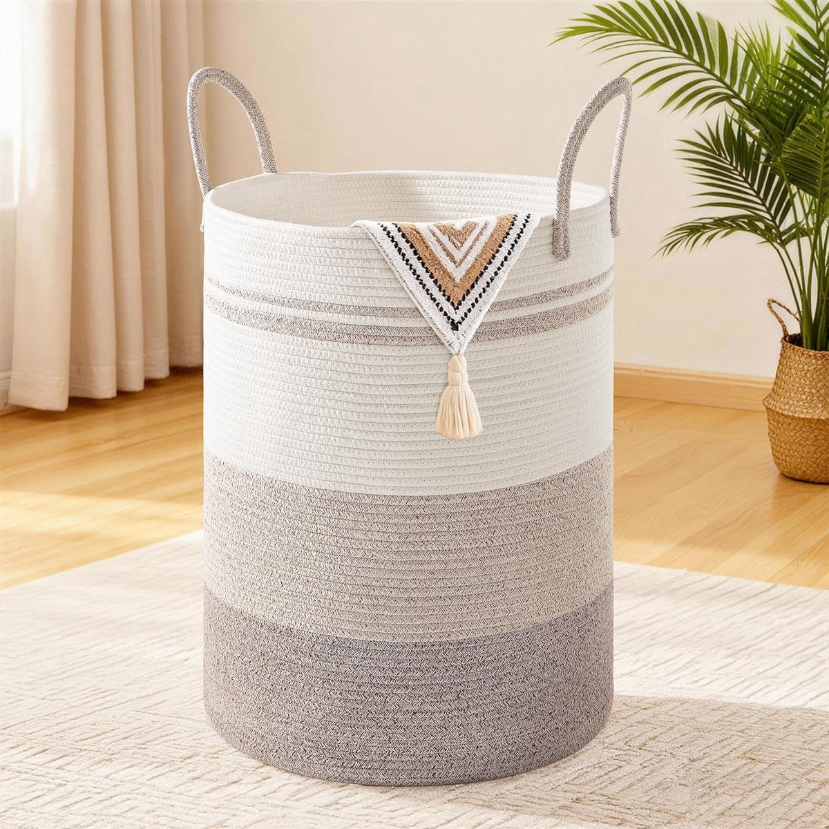 Wasmand, opbergmand, gevlochten mand, 72 l, grote ronde wasverzamelaar met katoenen handvat voor kinderkamer, mand voor dekens en speelgoed voor woonkamer of wasruimte, bruin