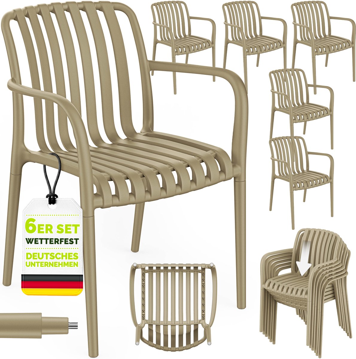 tillvex® Tuinstoelen 6-delige Set Stapelbaar Weerbestendig met Armleuning | Outdoor Stoelen tot 120kg Belastbaar | Tuinstoelen Outdoor | Terrasstoel Tuinmeubelen Balkon Tuin Terras