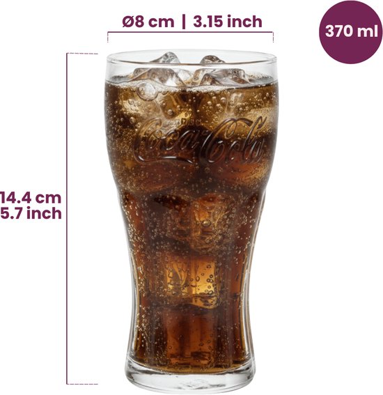 Verre Coca-Cola avec glaçons et cola, 370ml, hauteur 14,4 cm, diamètre 8 cm.