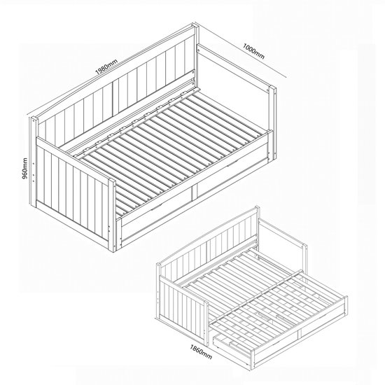 Technische tekening van een wit slaapbank met afmetingen, inclusief uitschuifbaar bed.
