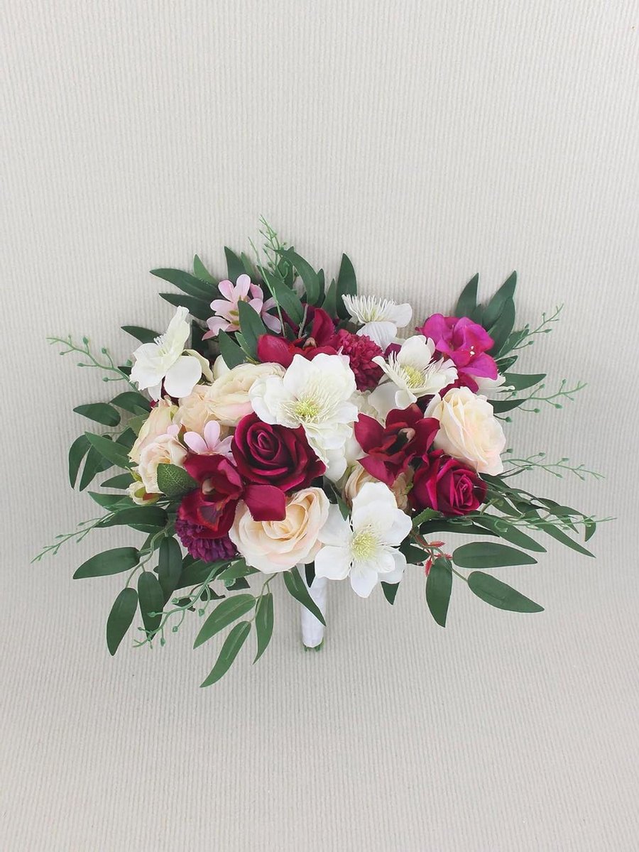 Bruidsboeket - Kunstbloemen Boeket - Bruiloft Decoratie - Klaar voor gebruik - 40.6 x 40.6 cm - Marsala Rood