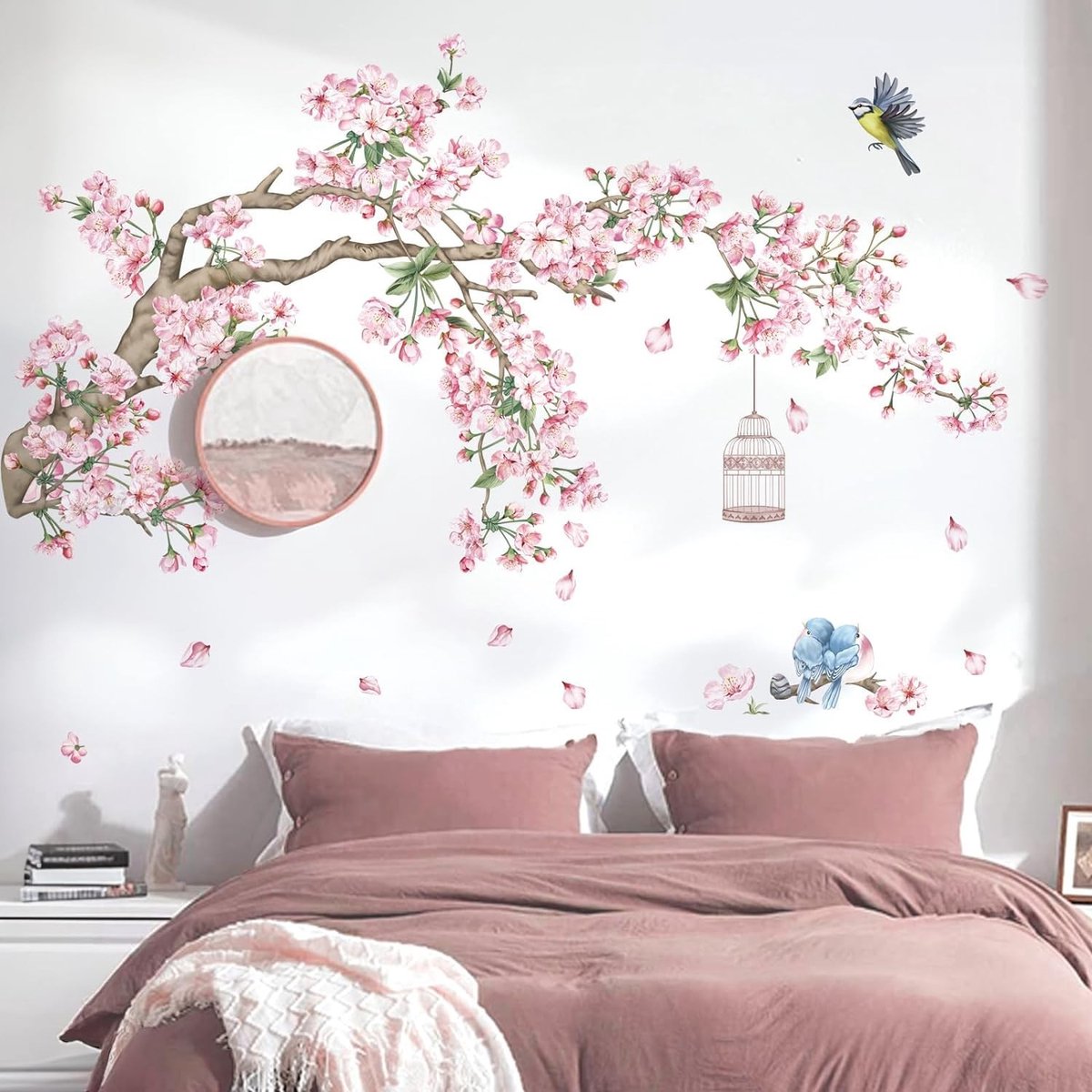 SPHProducts - Kersenbloesem Boom - Muursticker - Eenvoudige wanddecoratie - Roze - Bloemen en vogels - Decoratie voor slaapkamer - Muurstickers