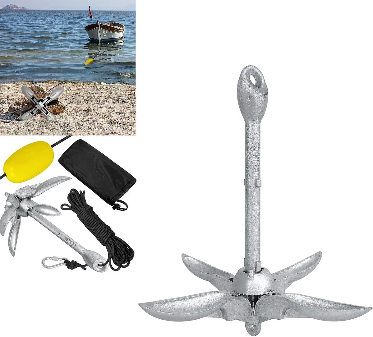 Vouwanker Ankerset - Klapanker Boot - Veilig Verankeren - Inclusief Touw Gesp - 1.5 KG - Zilverkleurig
