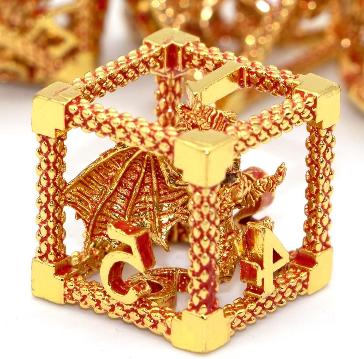 Dobbelstenen Set - Metalen Dobbelstenen - Rollenspellen Spelen - Hol Ontwerp Draak - 7 Delig - Rood Goud