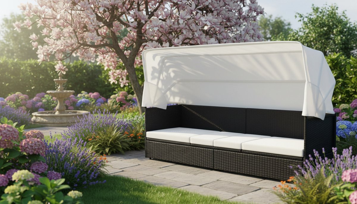 Zonneligstoel met Dak – Luxe Rotan Ligbed Tuin met Kussen – Comfortabele Tuinbank / Zonnebed met Zonnedak – Outdoor Lounge Ligstoel voor Terras & Tuin – Bruin Crèmewit – ABTkantoor