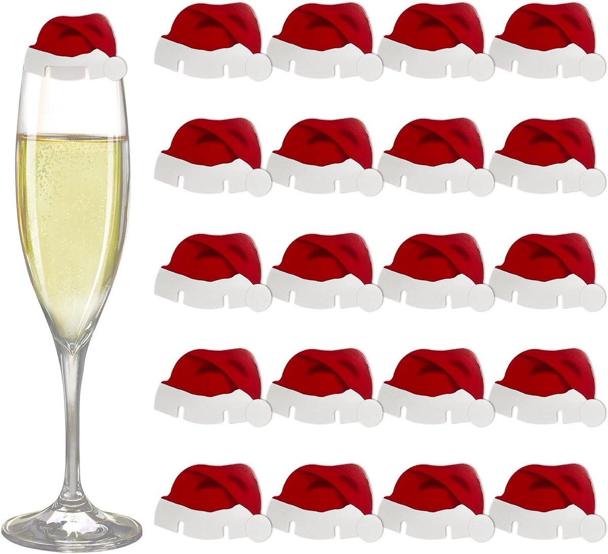 20 Stuks Schattige Glazen Kerstdecoraties voor Tafel, Santa Hoed Kaart en Wijnglas Versieringen voor Feestdagen en Kerstpartijen