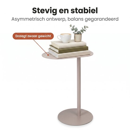Lichtbruin metalen bijzettafeltje met gestapelde boeken, mok koffie en plantje. Stevig en stabiel.