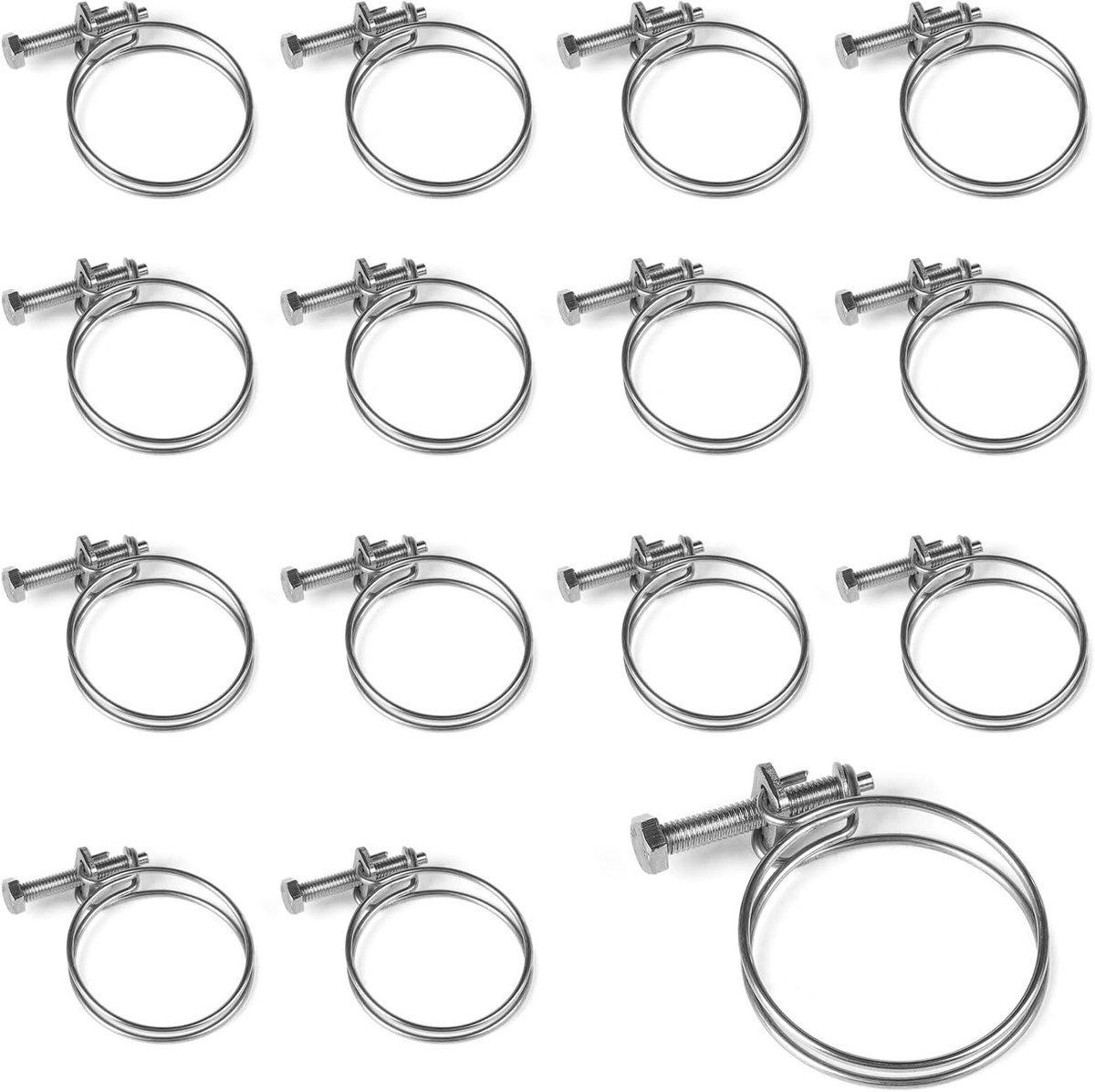 Verstelbare slangklemmen van roestvrij staal - 15 x 45 mm, 50 mm, voor waterleidingen en draad met een diameter van 2 mm