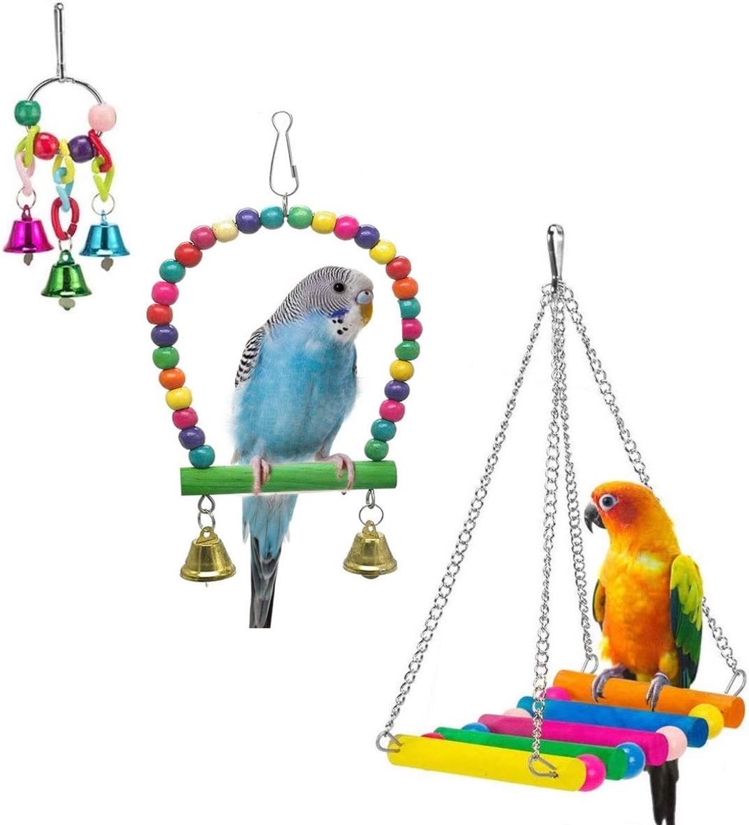 Vogelkooi Vogel Speelgoed Set - Vogelladders - Papegaai Kooi Speelgoed met Schommel en Hangbel – Vogelschommel - Ladder - Houten Hangmat Speelset voor Parkiet, Valkparkiet, Lovebird, Ara en Kleine Vogels