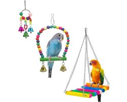 Vogelkooi Vogel Speelgoed Set - Vogelladders - Papegaai Kooi Speelgoed met Schommel en Hangbel – Vogelschommel - Ladder - Houten Hangmat Speelset voor Parkiet, Valkparkiet, Lovebird, Ara en Kleine Vogels