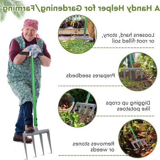 Grave fork voor harde en stenige grond, 31 x 107,5 cm, 4-tandige spade van hoog-mangaanstaal met 25 cm zinklengte en inclusief handschoenen voor tuinieren — afbeelding 2