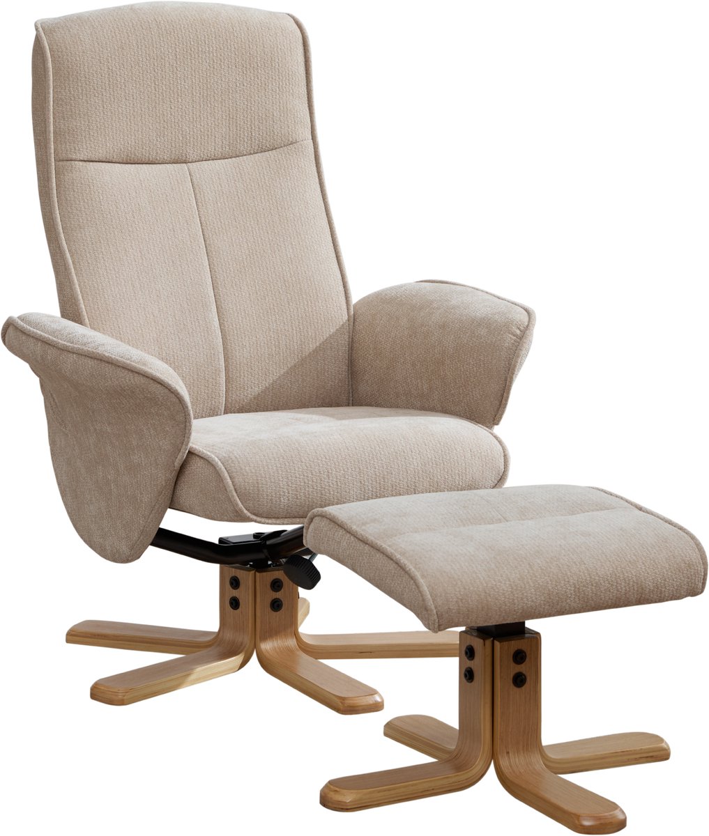 Merax Draaibare Relaxfauteuil met Voetenbank - Verstelbare Rugleuning 145° - Zachte Chenillestof - Massief Houten Voet met Metalen Steun - 360° Draaibaar - Licht Taupe Beige