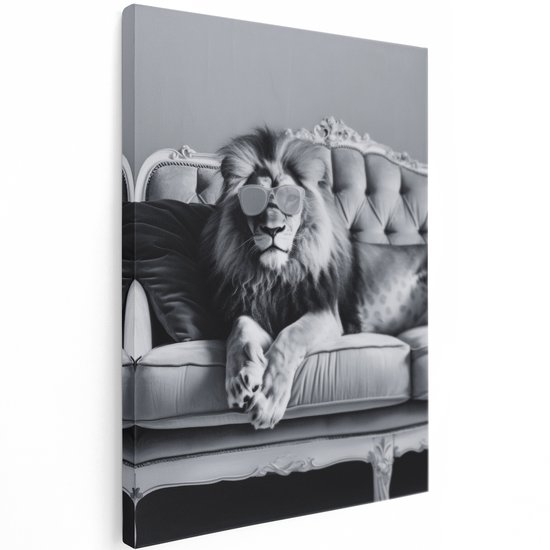 Artaza Canvas Schilderij Leeuw - 60x80 cm - Wanddecoratie Dieren - Muurdecoratie Zwart Wit - Decoratie Woonkamer - Vintage