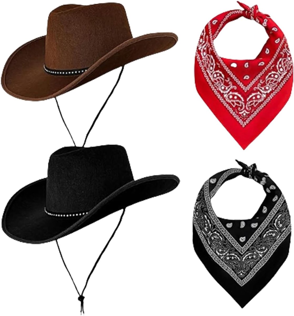Set van 2 vilten hoeden in zwart en koffiebruin met 2 paisley bandana's, perfecte cowboykostuum accessoires voor country-feestjes en festivals