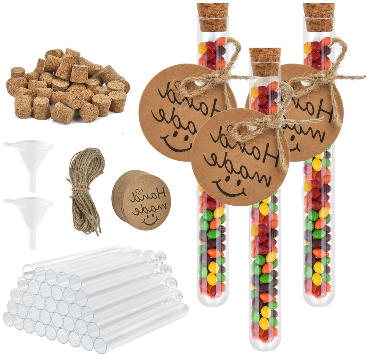 40 Stuks Heldere Plastic Proefbuizen met Kurken Stoppen, 20ml Transparante Flessen, 40 Kraft Papieren Labels, 10m Jute Touw en 2 Trechters voor Sieraden, Zaadjes, Poeders en Vloeistoffen Opslag