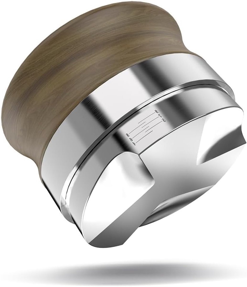 Hoogte verstelbare koffiepulver verdeler van premium roestvrij staal en walnoot hout, perfecte extractie tool voor barista's en koffieliefhebbers, 53.3mm hoogte