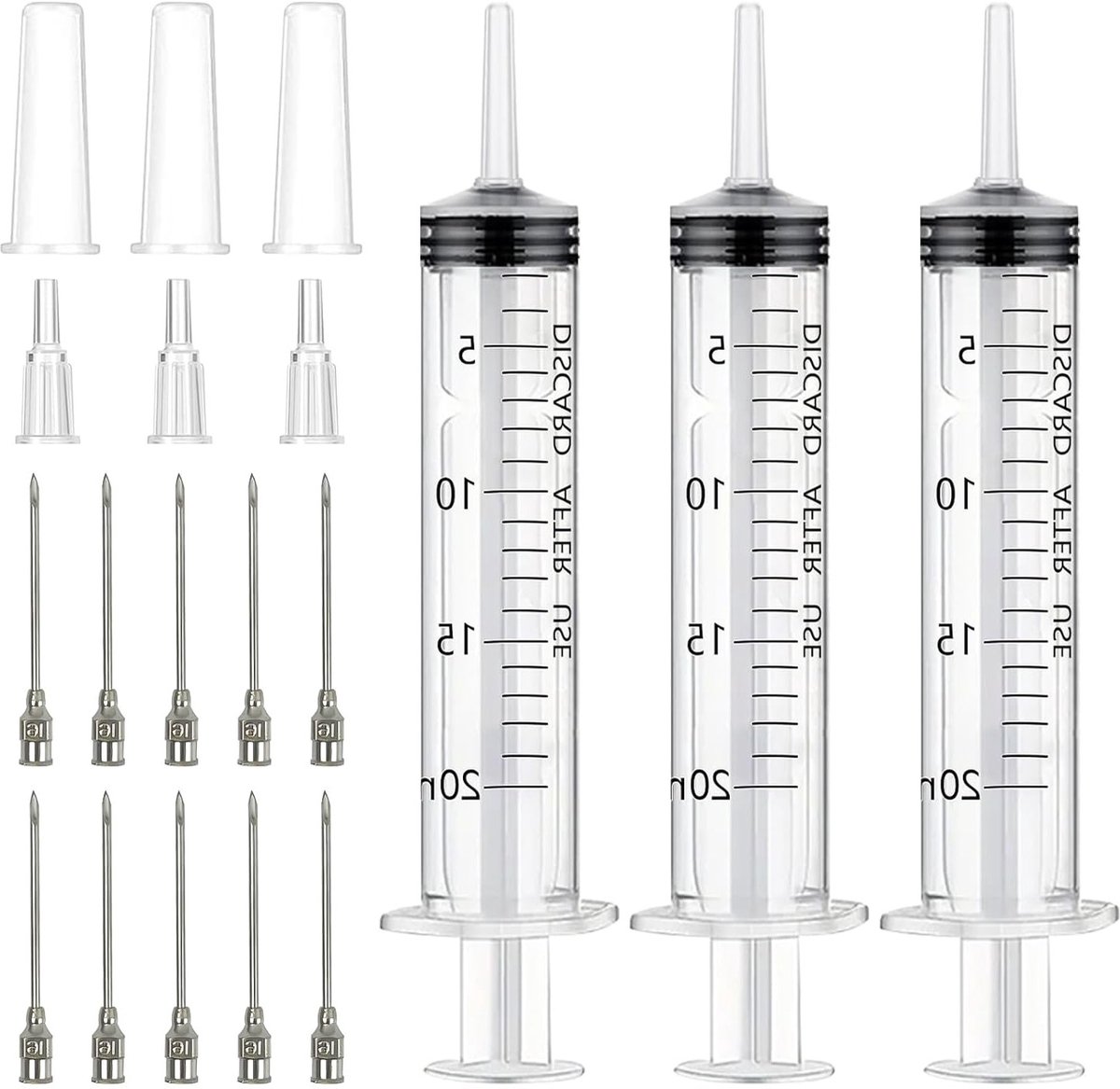 Set van 3 Herbruikbare Plastic Spuiten van 20ml met RVS Naalden voor Planten, Dierenvoeding en Laboratoria
