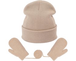 Winterse Gebreide Baby Muts en Wantenset voor Pasgeborenen en Peuters, Unisex, Beige, Warm en Comfortabel voor Koude Dagen