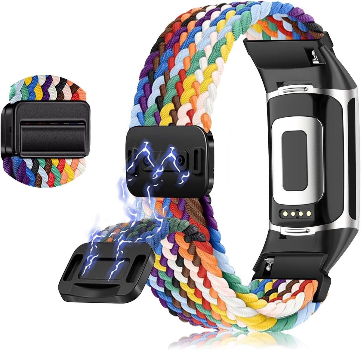 Nylon Gevlochten Zachte Ademend Magnetische Verstelbare Band voor Fitbit Charge 6 en Charge 5 in Regenboog Wit - Duurzaam, Comfortabel en Stijlvol