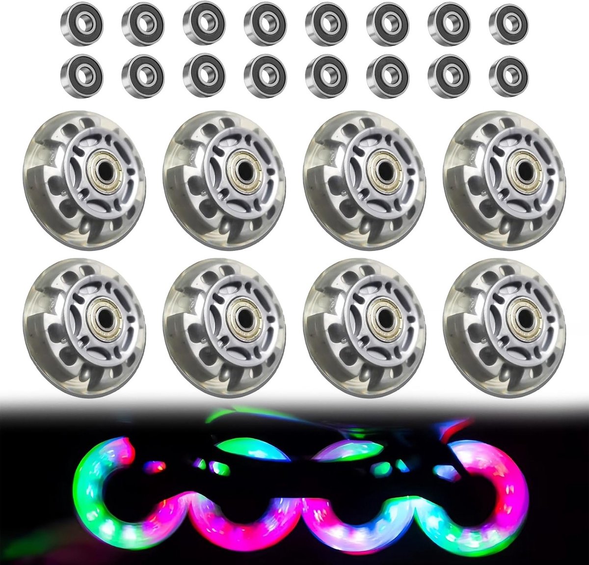8 Stuks Inline Skate Wielen 72MM Transparant met 16 Stuks Lagers Geschikt voor Alle Rollerblades en Skates Zilver