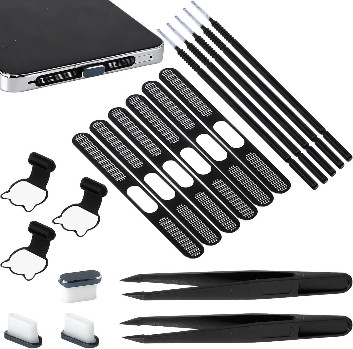 63-delige USB C stofbeschermingsset met telefoonluidsprekerbedekking, mesh sticker, pincet en reinigingspen voor iPhone 17, 16 en 15, bescherming tegen stof en vuil