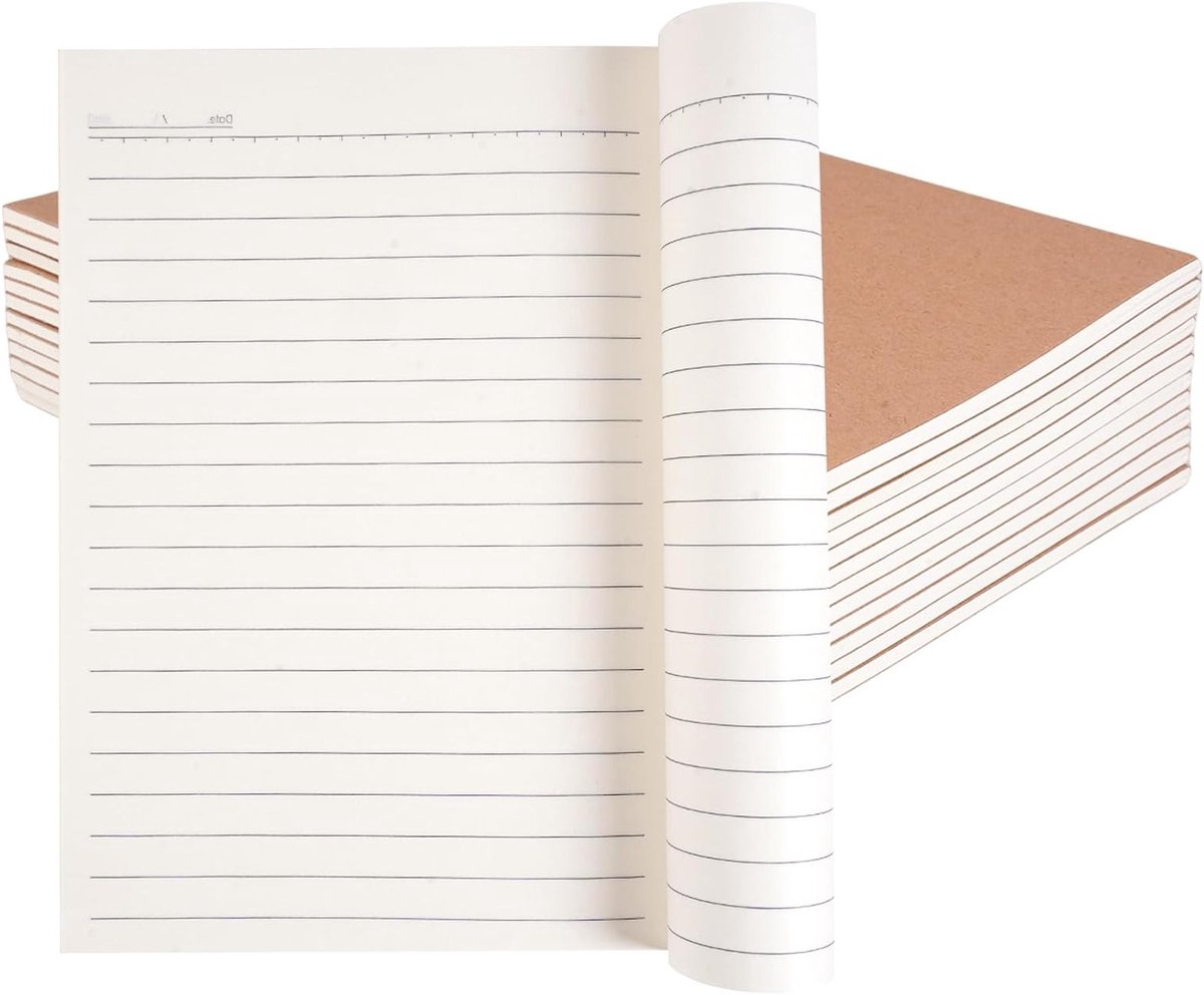 Set van 12 A5 Notitieboeken met Gelinieerde Pagina's en Kraft Kaft, Ideaal voor School, Kantoor en Reizen, 20x14cm, 28 Vel/56 Pagina's