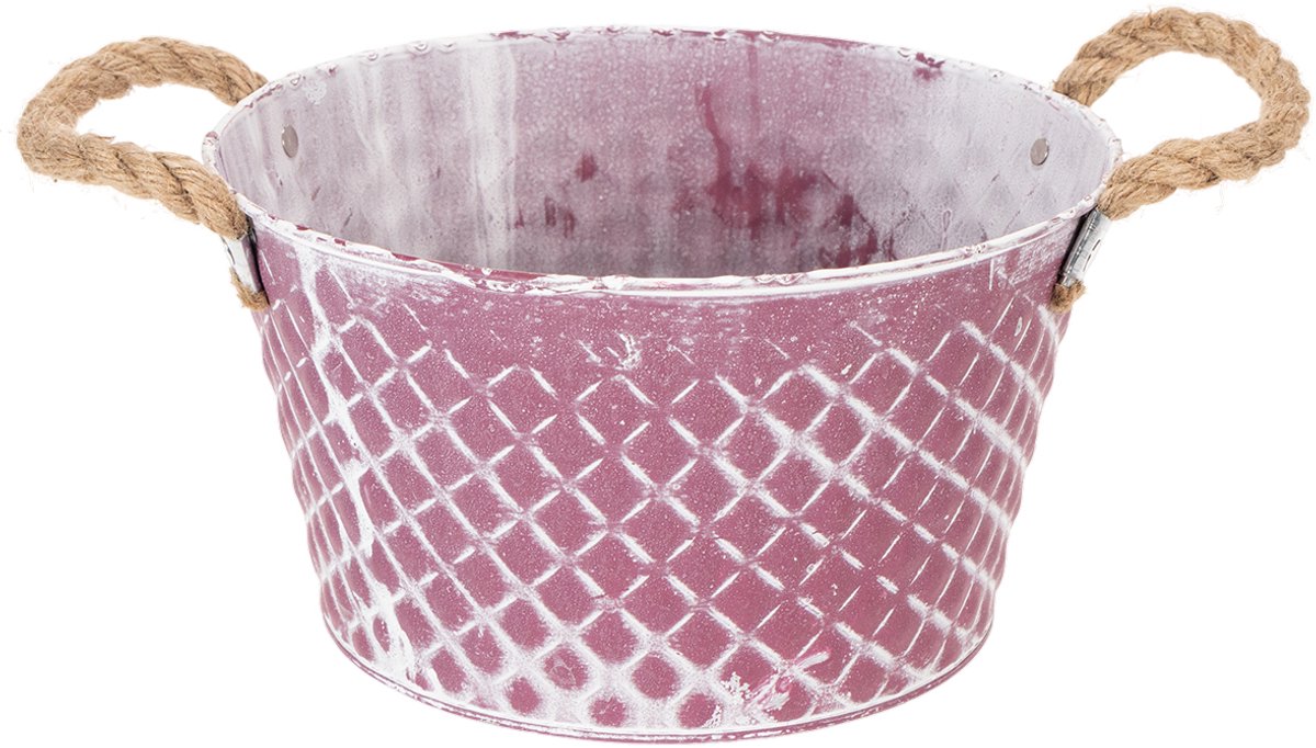 Zink schaal ruit met touw handvatten paars wit gewassen Ø24.5cm H14cm