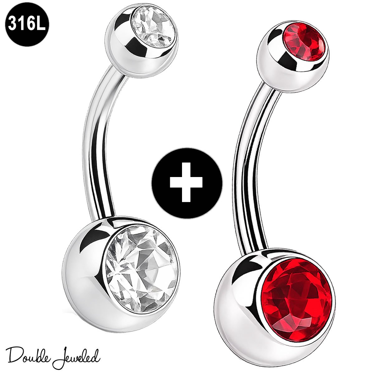 Navelpiercing Set 2 Stuks – Navel Piercing 316L Chirurgisch Staal – Belly Button Piercing – Banana Barbell 1.6mm – Double Jeweled – Helder & Rood – Buikpiercing Dames
