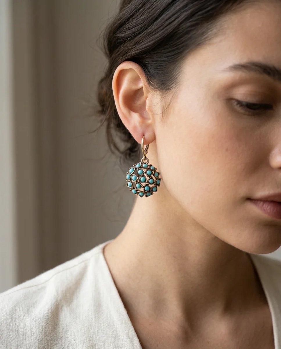Dorvina Bronzen Oorbellen Authentiek Sieraad Turkoois Firuze Steen Bewerkt Topaz Model Vintage Dames Oorbellen