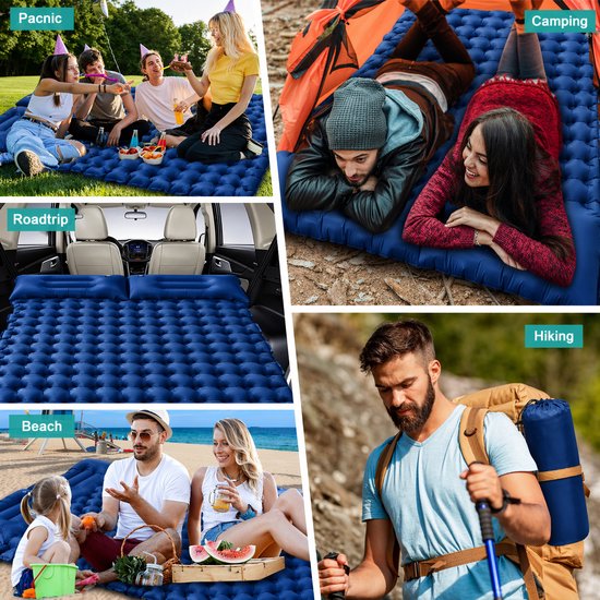 Dubbel Opblaasbaar Camping Matras met Ingebouwde Voetpomp - 2 Persoons Slaapmat met Kussen - Lichtgewicht & Compact - Waterdicht Outdoor Luchtbed - 196x125 cm - Blauw van Merkloos — afbeelding 5