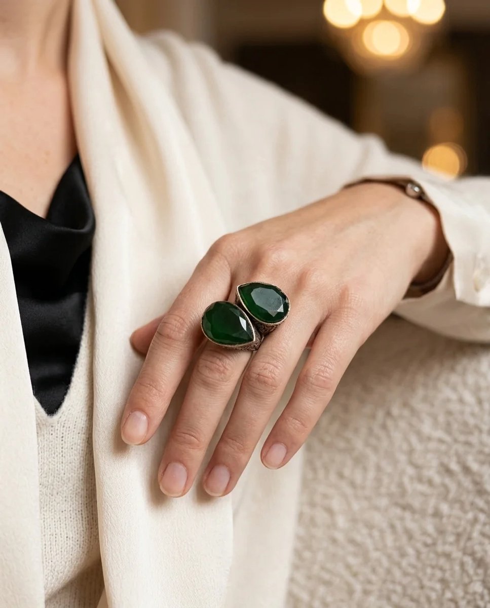 Dorvina Bronzen Vintage Dames Ring Authentiek Sieraad Groen Damla Steen Van Voren Ayarlalanabilir