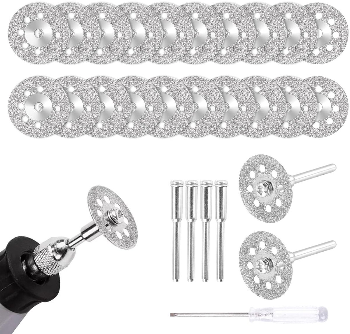 Snijdiscset van 20 Stuks 22 mm met 4 Stuks 3 mm Mandrel voor Rotatietools - Ideaal voor Steen, Glas en Tegels