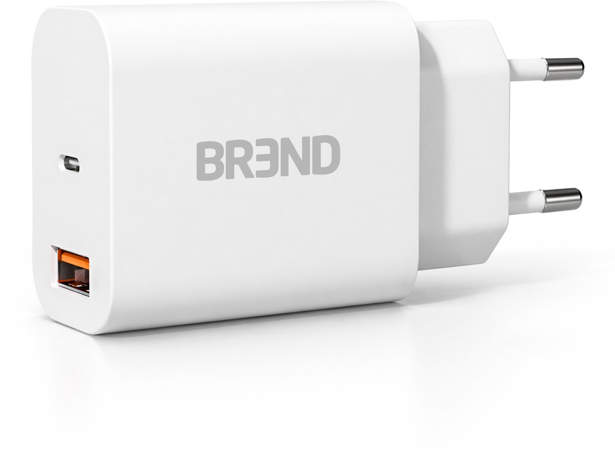 Snellader met 2 Poorten - Power Charger – Snellaadadapter met USB en USB-C Aansluiting – Geschikt voor iPhone en Android - Wit - BREND BR-2212