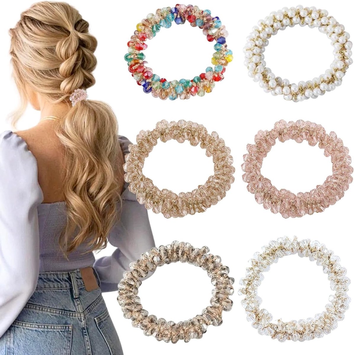 Set van 6 Elastische Haargummis, Modeaccessoires voor Vrouwen en Meisjes, Perfect voor Dagelijks Gebruik en Feestelijke Gelegenheden
