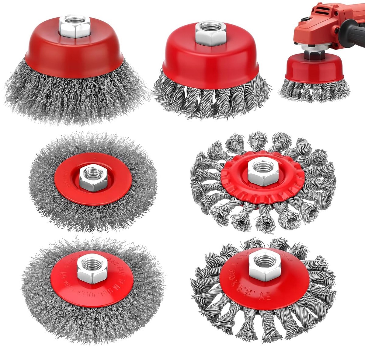 Set van 6 Draadborstels voor Metalen Reiniging, M14×2 Draadborstels voor Polijsten, Schuren en Roestverwijdering (Cup Type 75mm, Rond 100mm)