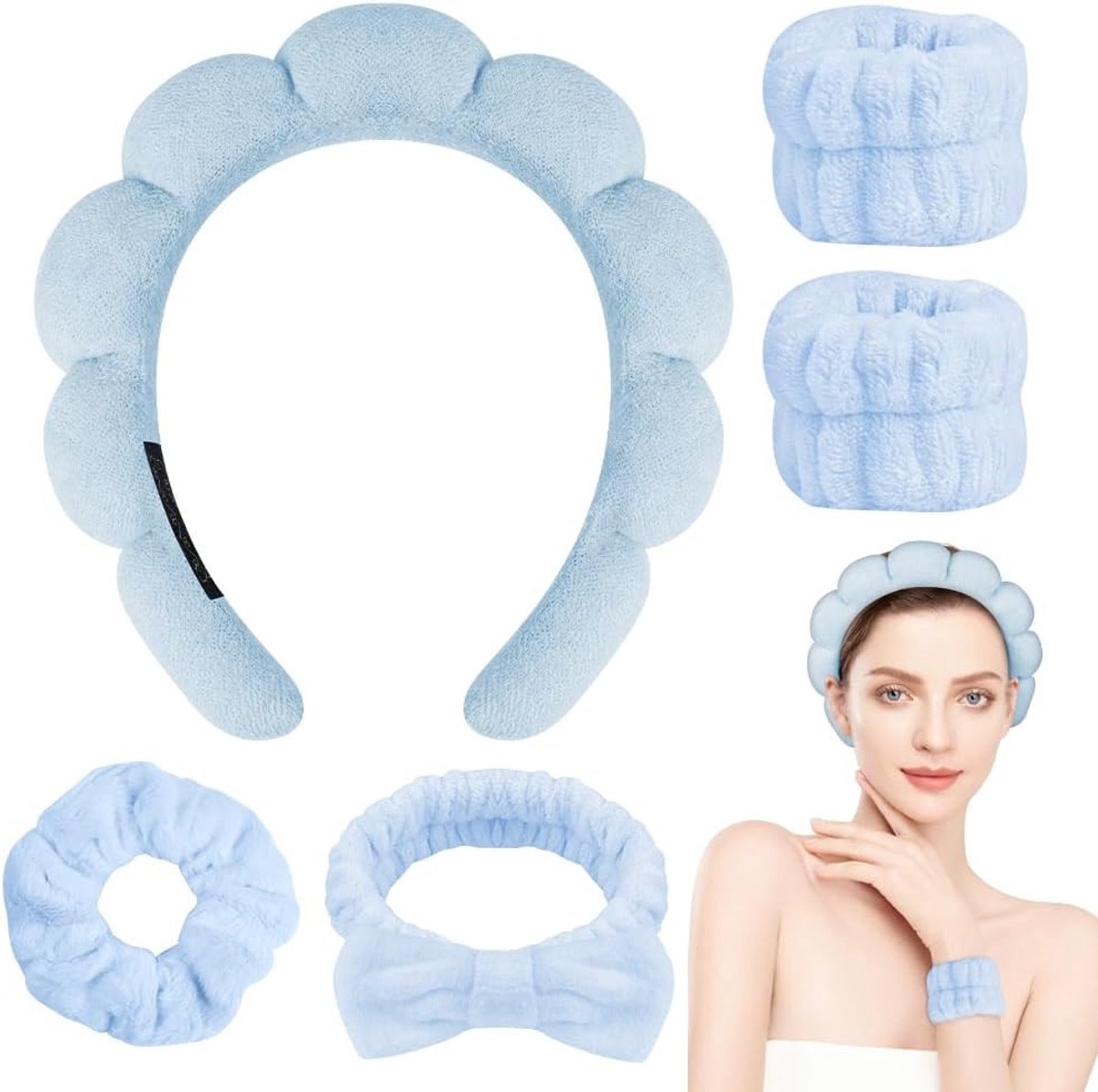 Set van 5 Haarbanden voor Vrouwen - Elastische, Antislip Haarbanden voor Gezichtsreiniging, Make-up en Douchegebruik (Blauw)