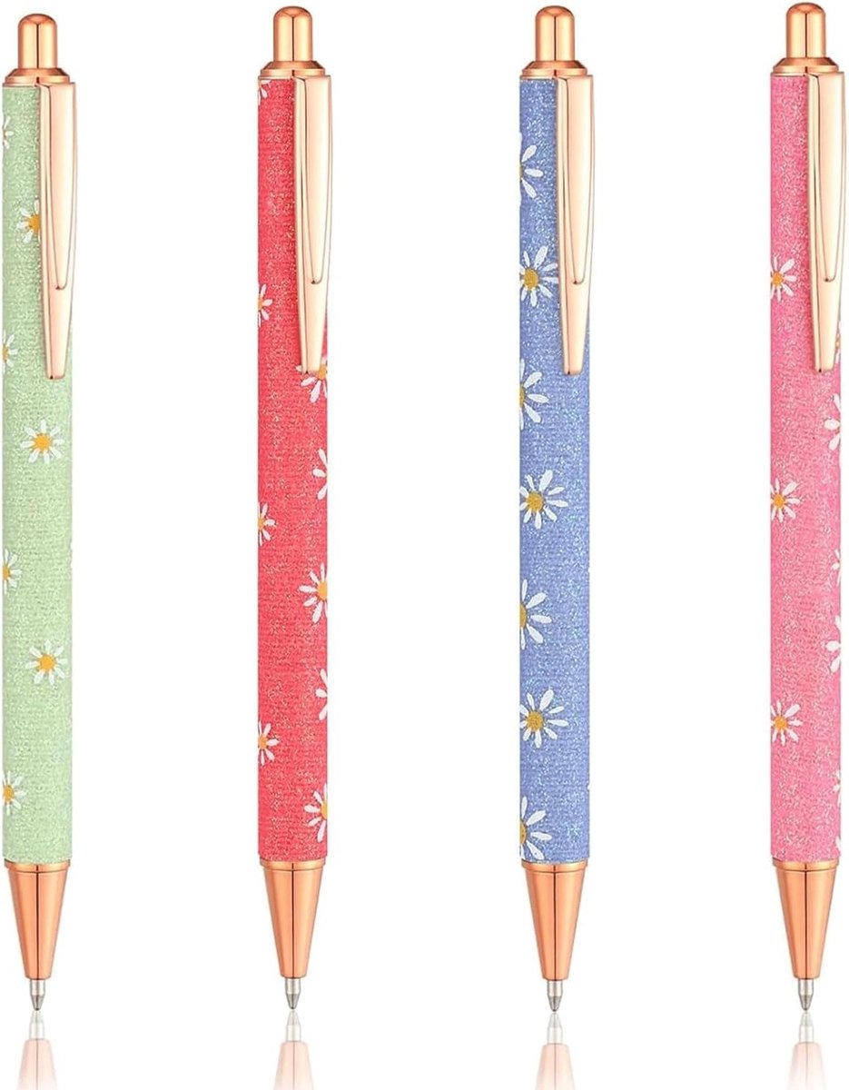 Set van 4 hoogwaardige intrekbare balpennen met bloemenprint in zwart, perfect voor kantoor en als geschenk, esthetisch en functioneel