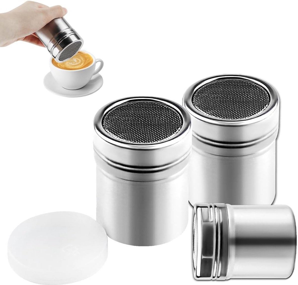 Poeder Suiker Shaker Set van 3 Stuks in RVS met Deksel voor Fijn Suiker en Bakken
